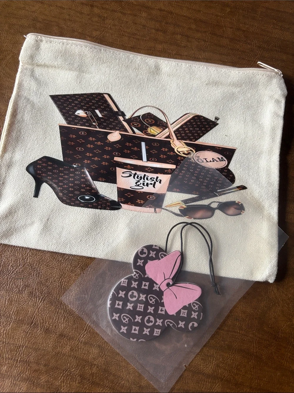Canvas Pouch with Pink and Brown Fashion Print and car air freshener